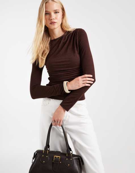 ASOS DESIGN long sleeve overlay wrap top in chocolate - view 1