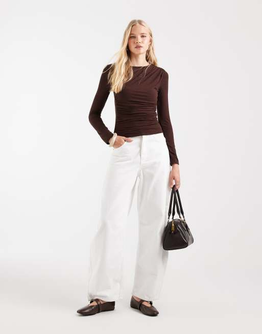 ASOS DESIGN long sleeve overlay wrap top in chocolate, 3 of 4