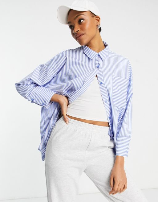 ASOS DESIGN long sleeve oversized cotton dad shirt in light blue and white  stripe