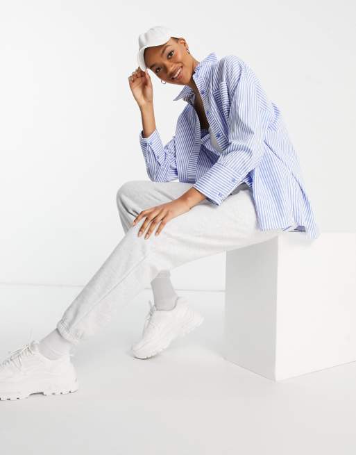 ASOS DESIGN long sleeve oversized cotton dad shirt in light blue and white stripe, 4 of 4