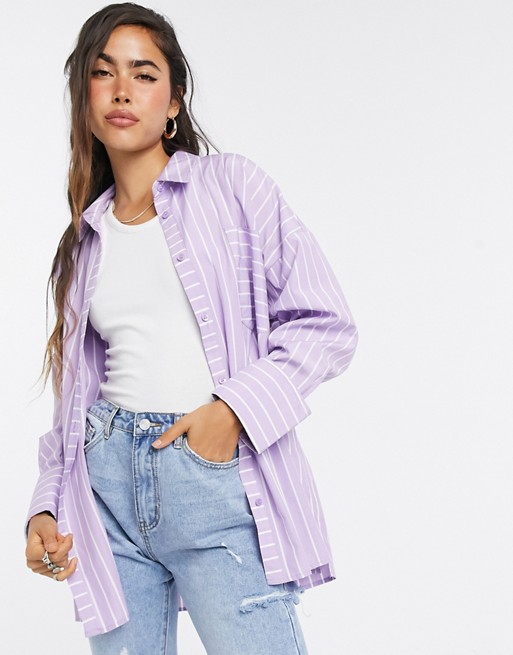 ASOS DESIGN oversized relaxed cotton dad shirt in lilac stripe