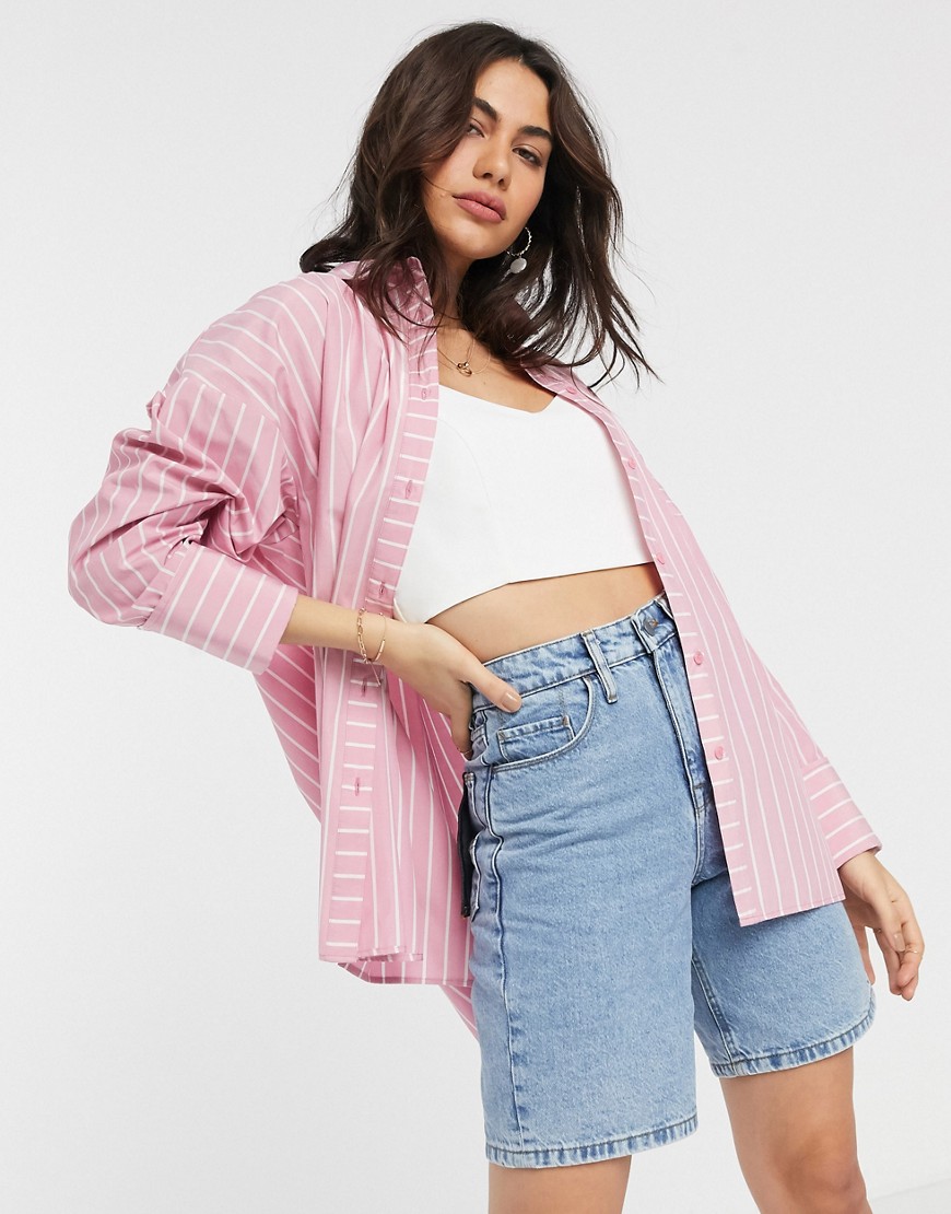ASOS DESIGN long sleeve oversized dad shirt in cotton in pink stripe-Multi
