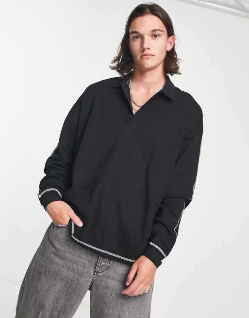 ASOS DESIGN long sleeve oversized polo in black