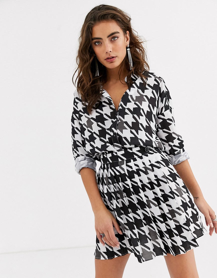 ASOS DESIGN long sleeve oversized shirt in mono dogstooth print co-ord-Multi