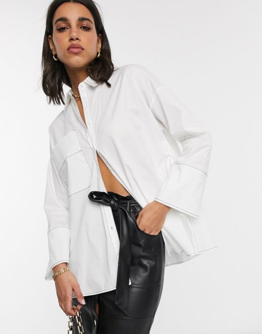 ASOS DESIGN long sleeve oversized shirt with side split detail and stitch  detail in white