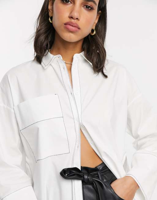 ASOS DESIGN long sleeve oversized shirt with side split detail and stitch  detail in white