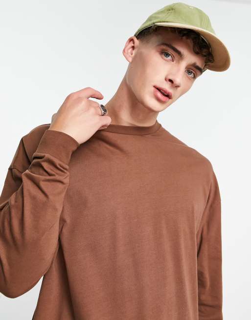 ASOS DESIGN long sleeve oversized t-shirt in brown | ASOS