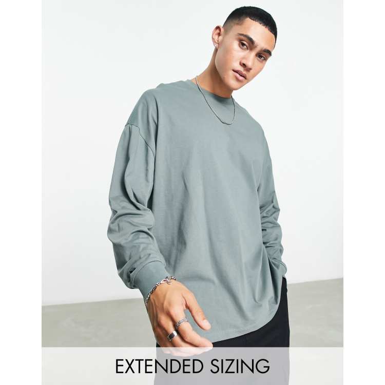 ASOS Design Oversized Polo Long Sleeve T-Shirt in Khaki Acid wash-Green