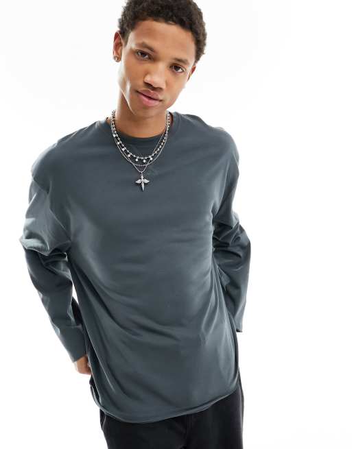ASOS DESIGN long sleeve oversized t-shirt with modesty triangle in stone 