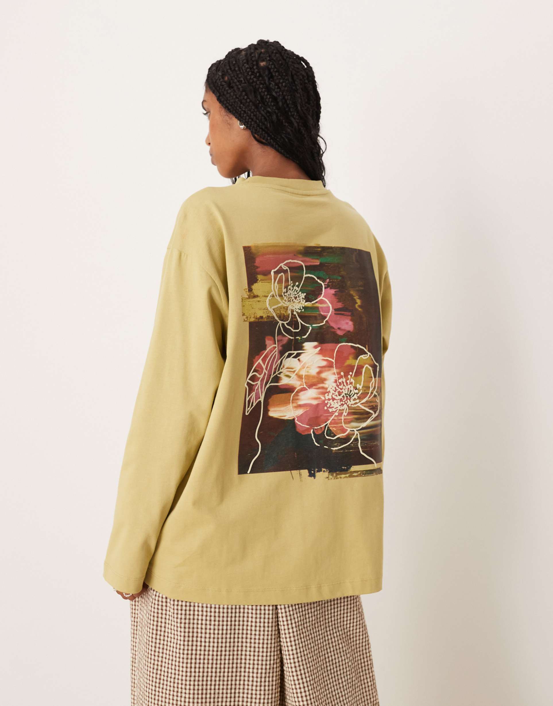 asos design long sleeve oversized tee with blurred floral graphic and puff print detail in sage