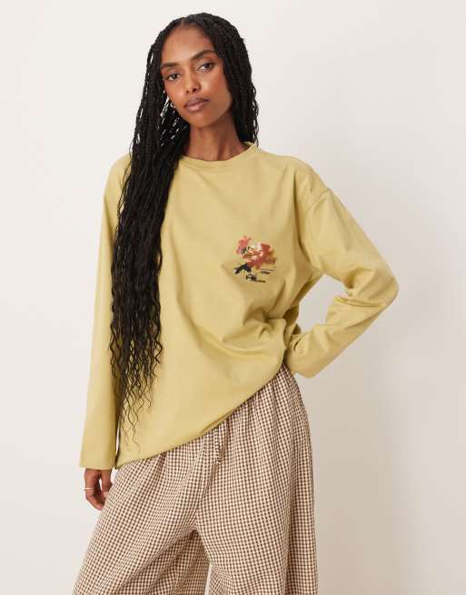 ASOS DESIGN long sleeve oversized tee with blurred floral graphic and puff print detail in sage, 2 of 4