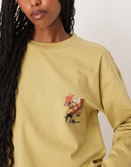 ASOS DESIGN long sleeve oversized tee with blurred floral graphic and puff print detail in sage, 4 of 4