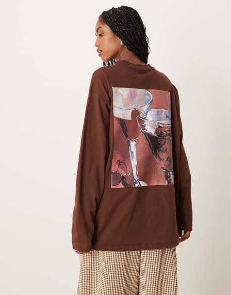 ASOS DESIGN long sleeve oversized tee with cherry espresso graphic in brown - view 1