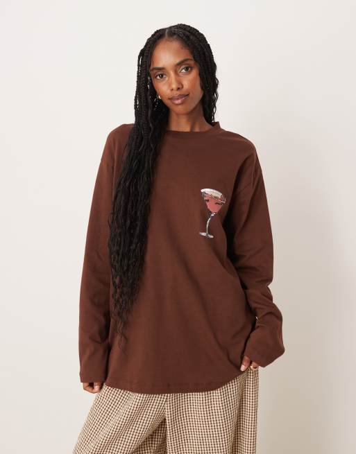 ASOS DESIGN long sleeve oversized tee with cherry espresso