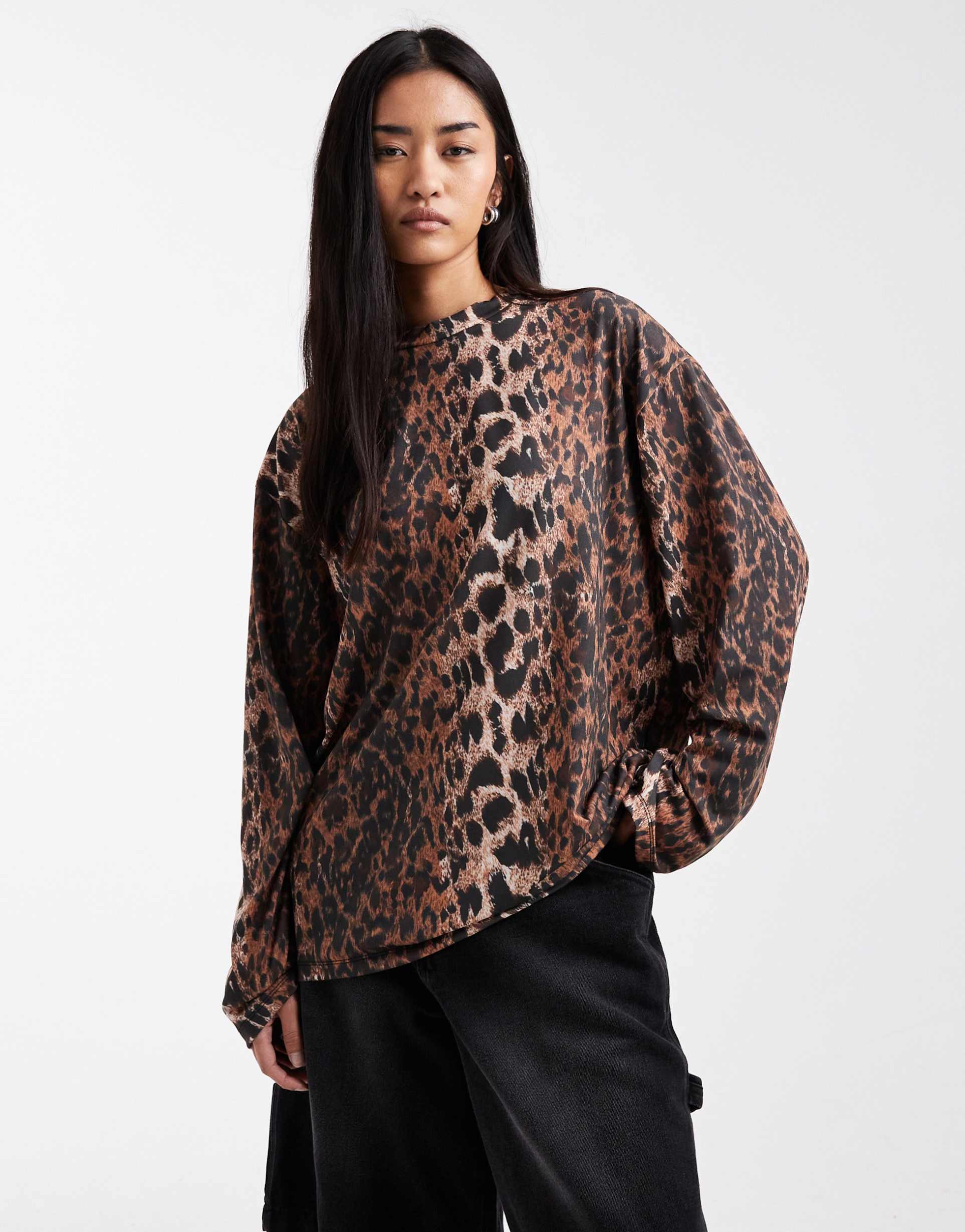 asos design long sleeve oversized top in leopard print