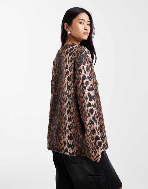 ASOS DESIGN long sleeve oversized top in leopard print, 2 of 4