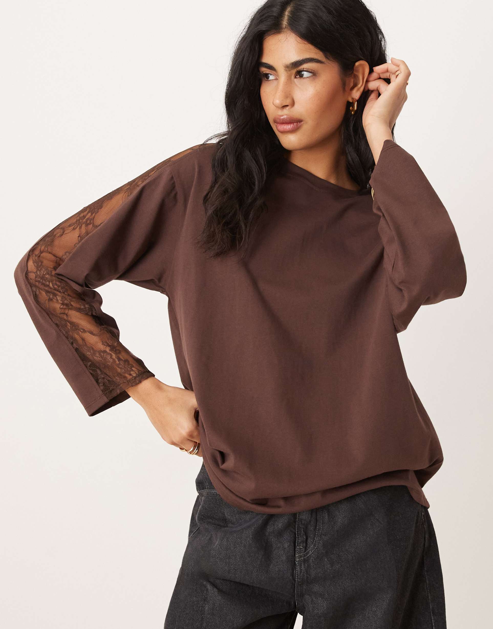asos design long sleeve oversized top with lace trim detail in chocolate