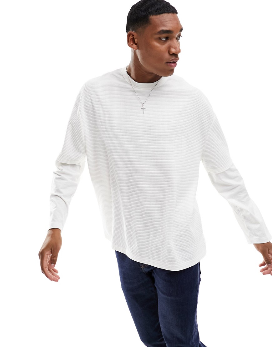 ASOS DESIGN long sleeve oversized waffle t-shirt with contrast sleeves in ecru-Neutral