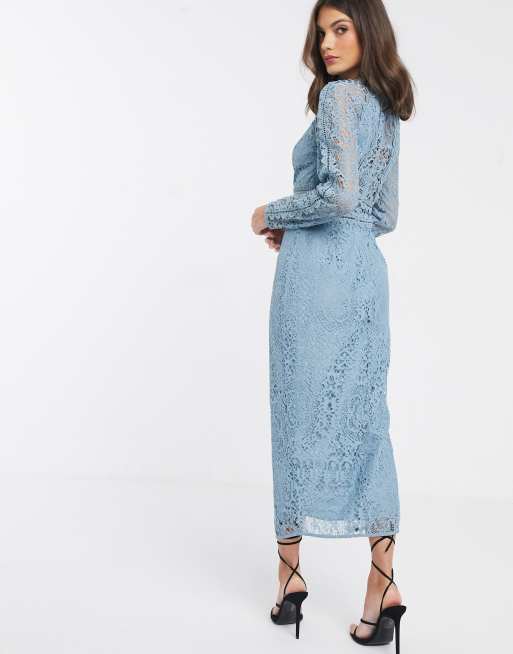 Dusty blue long outlet sleeve lace bodycon dress