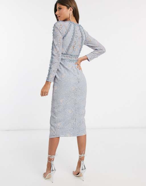 ASOS DESIGN long sleeve pencil dress in lace with geo lace trims in blue