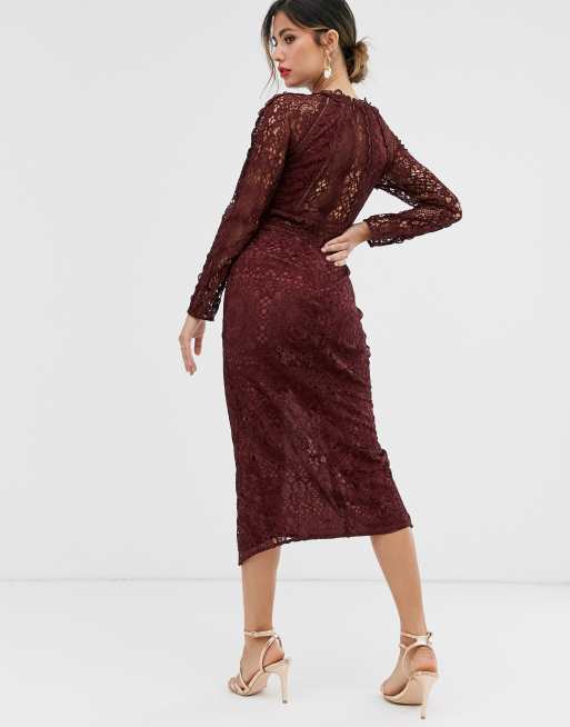 Asos design lace long best sale sleeve midi pencil dress