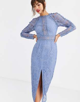 Asos design lace long shop sleeve midi pencil dress