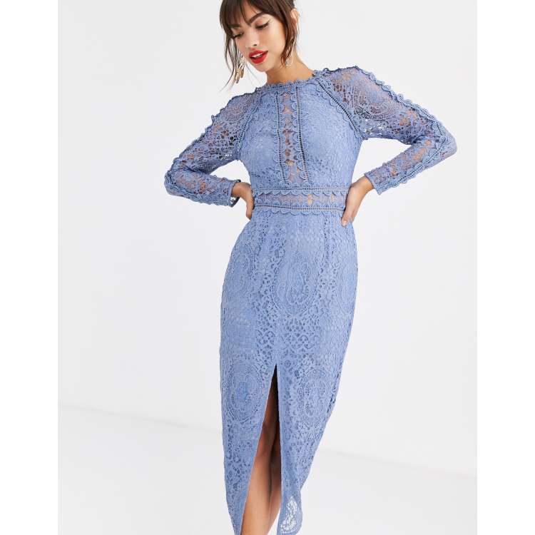 Asos design lace long clearance sleeve midi pencil dress