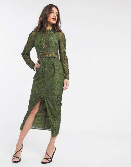 ASOS DESIGN long sleeve pencil dress in lace with geo lace trims