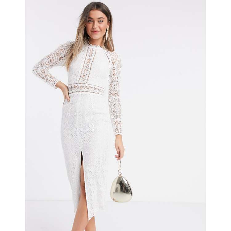 Asos design lace long shop sleeve midi pencil dress