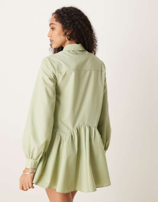 ASOS DESIGN long sleeve pep hem shirt dress in sage, 3 of 4