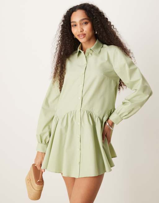 ASOS DESIGN long sleeve peplum hem shirt dress in sage