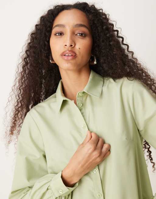 ASOS DESIGN long sleeve peplum hem shirt dress in sage