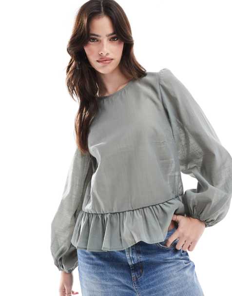 ASOS DESIGN long sleeve peplum hem top in green - view 1