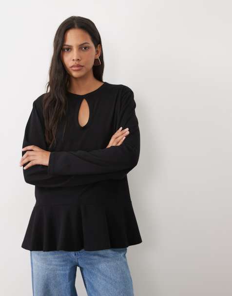 ASOS DESIGN long sleeve peplum keyhole detail T-shirt in black - view 1