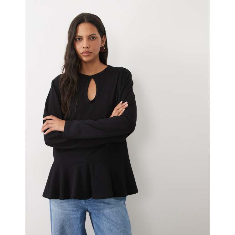 ASOS DESIGN long sleeve peplum keyhole detail T-shirt in black | ASOS
