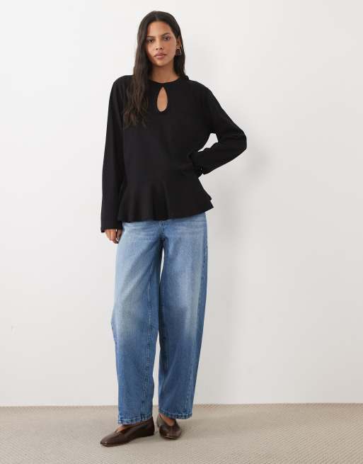 ASOS DESIGN long sleeve peplum keyhole detail T-shirt in black, 3 of 4
