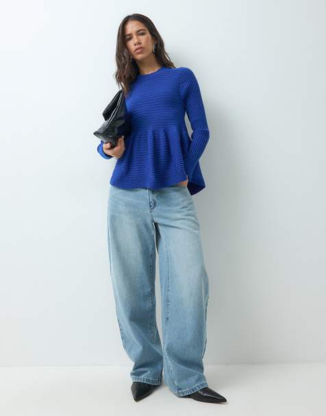 ASOS DESIGN long sleeve peplum sweater in cobalt blue - view 1