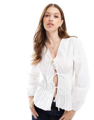 Asos Design Long Sleeve Pinktuck Blouse With Tie Front Detail In White