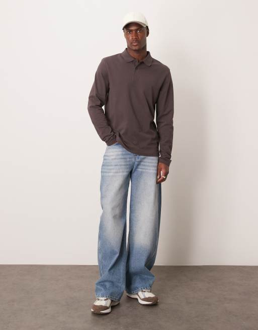 ASOS DESIGN long sleeve pique polo in brown