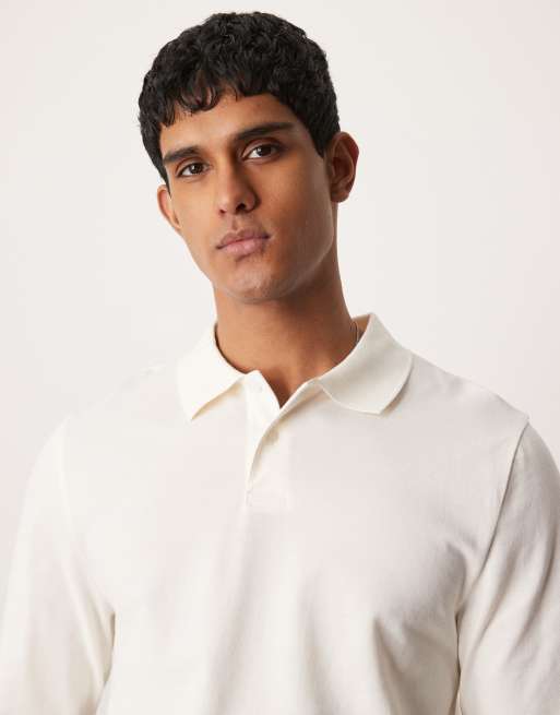 ASOS DESIGN long sleeve pique polo in cream