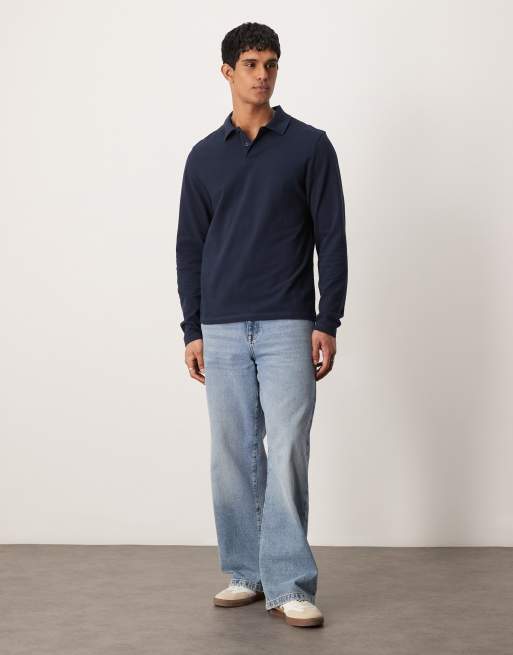 ASOS DESIGN long sleeve pique polo in navy