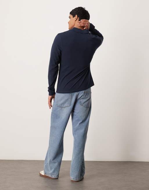 ASOS DESIGN long sleeve pique polo in navy