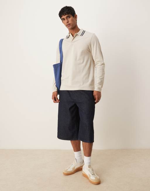 ASOS DESIGN long sleeve pique polo with navy tipping in stone