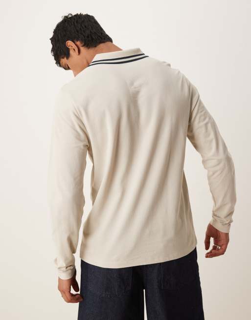ASOS DESIGN long sleeve pique polo with navy tipping in stone