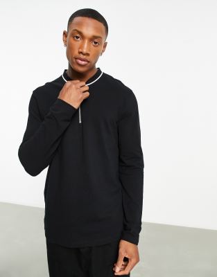 ASOS DESIGN long sleeve pique t-shirt with zip in black