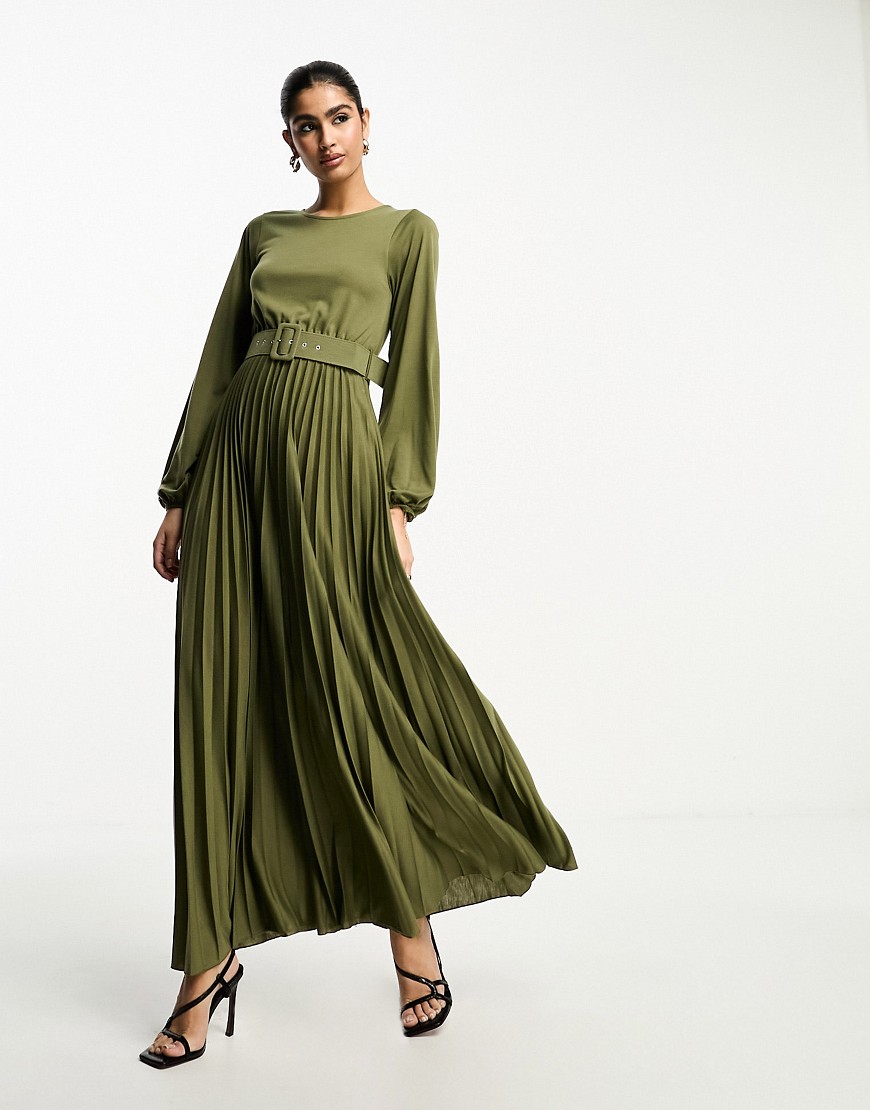 ASOS DESIGN long sleeve pleated maxi dress with belt in khaki-Green
