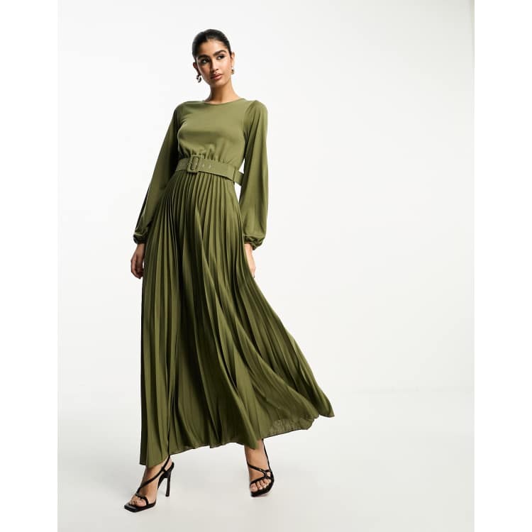 Pleated Long Sleeve Maxi Dress