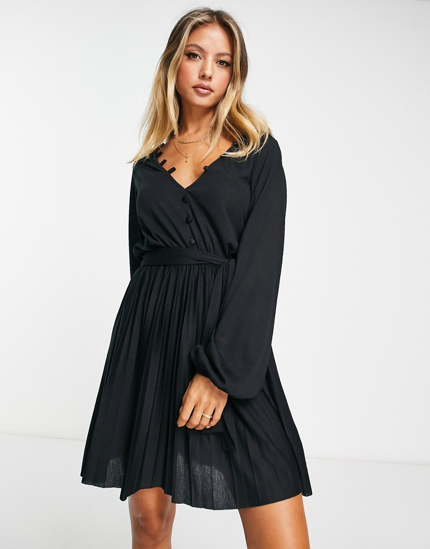 ASOS DESIGN long sleeve pleated mini dress with button detail in black