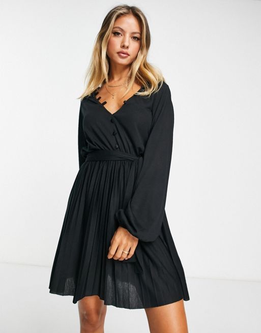 ASOS DESIGN long sleeve pleated mini dress with button detail in black ...