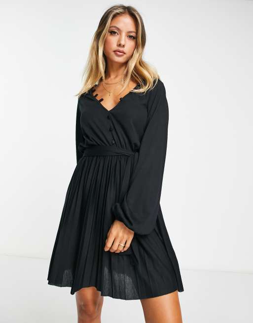 ASOS DESIGN long sleeve pleated mini dress with button detail in